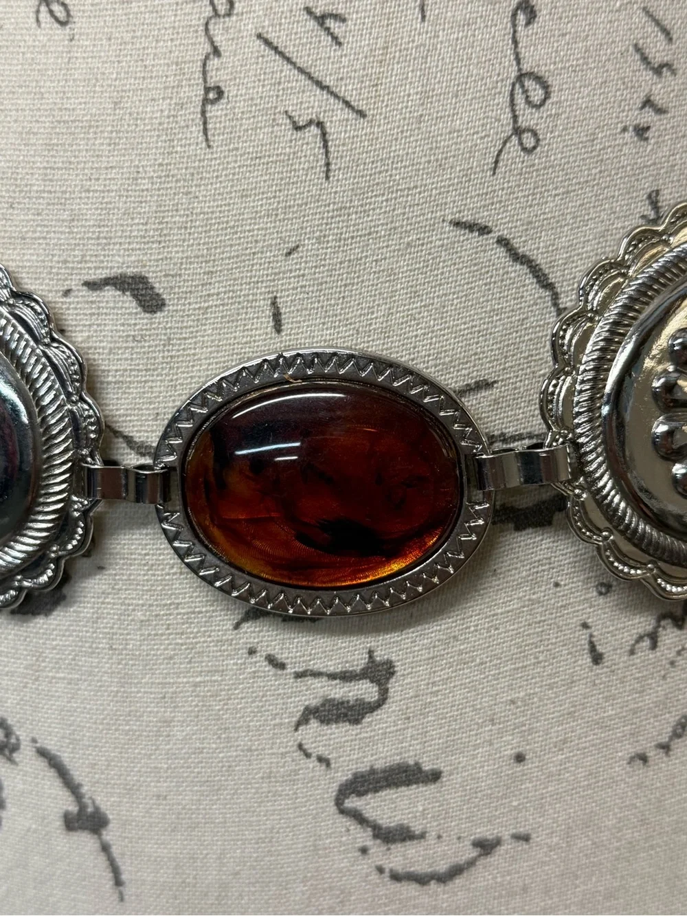 Vintage Western Inspired Concho Chain Belt with Amber Glass Stones by Omega